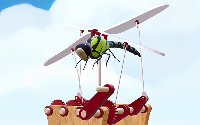 3D Darstellung einer Libelle deren Flügel mit einer Kurbel angetrieben werden